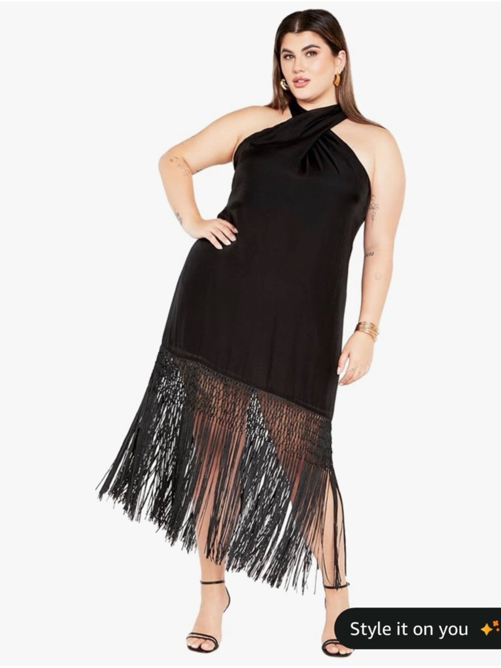 City Chic Black Fringe Halter Midi Dress